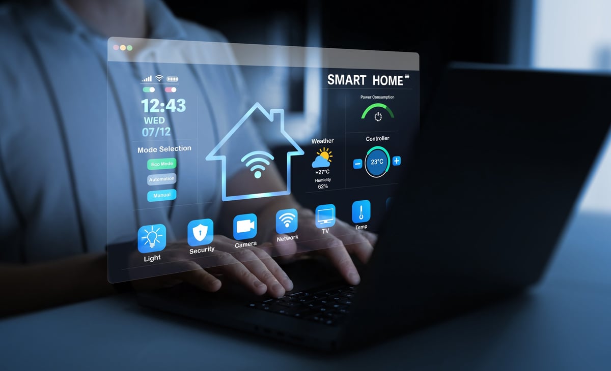 Person using digital dashboard of smart home app for control home appliances
