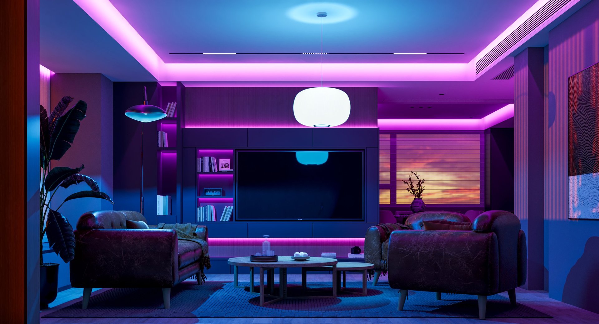 The living room is transformed by vibrant, colored lighting, primarily in shades of purple and blue, creating a dynamic and immersive mood. This dramatic shift in illumination enhances the room's modern features, turning it into an engaging and unique entertainment space. 3D render.