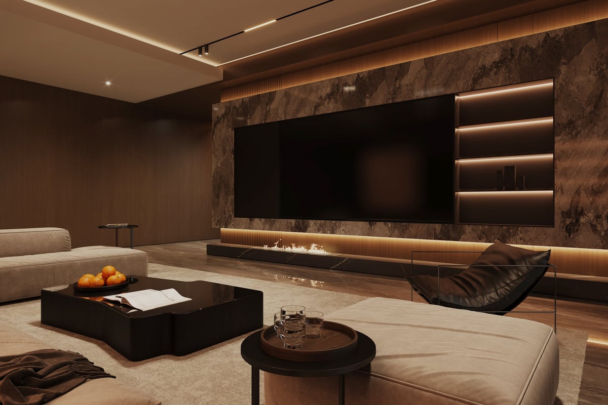 A luxurious living room focused on a feature wall with a large TV, vertical wood slats, marble panels, and a sleek, modern fireplace.