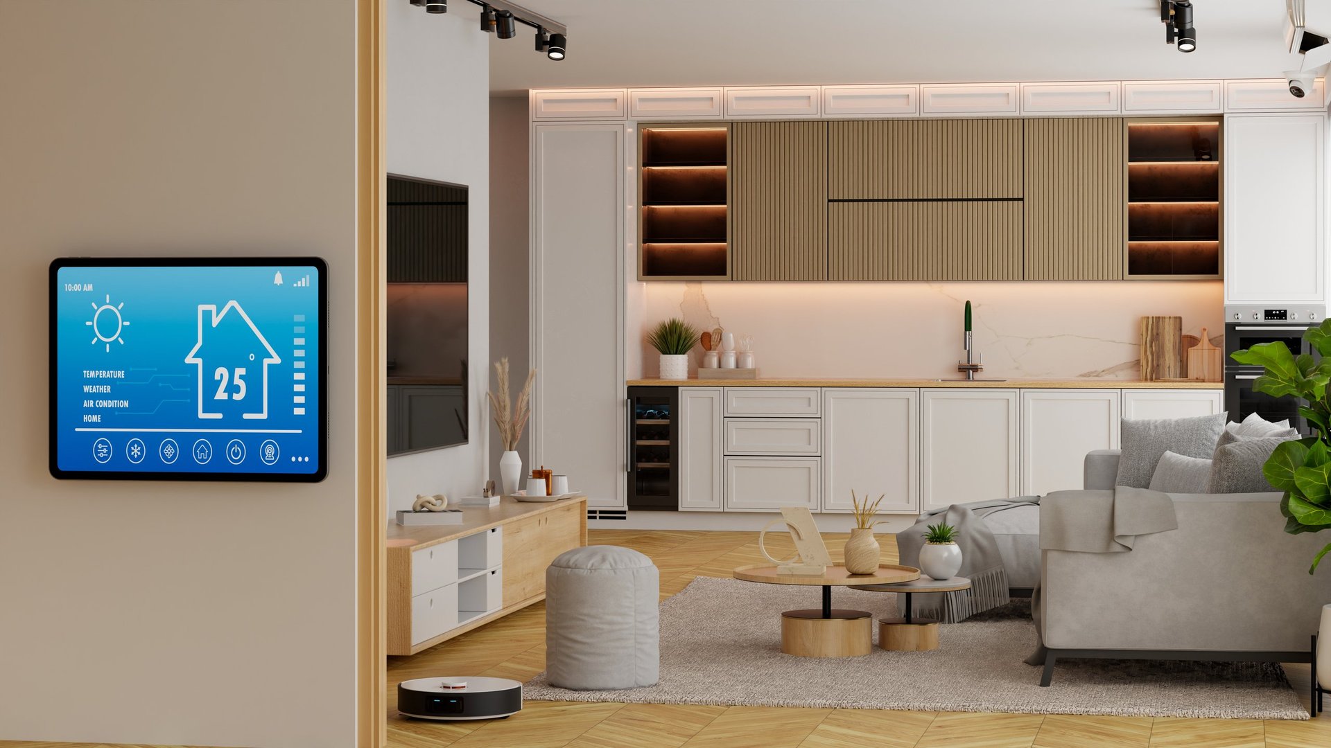 Smart home automation system interface on wall tablet in modern living room with robot vacuum cleaning floor